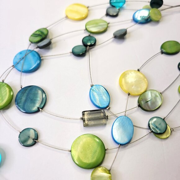 Floating Bead Necklace with Blue and Green Flat Round Discs - Picture 5 of 6